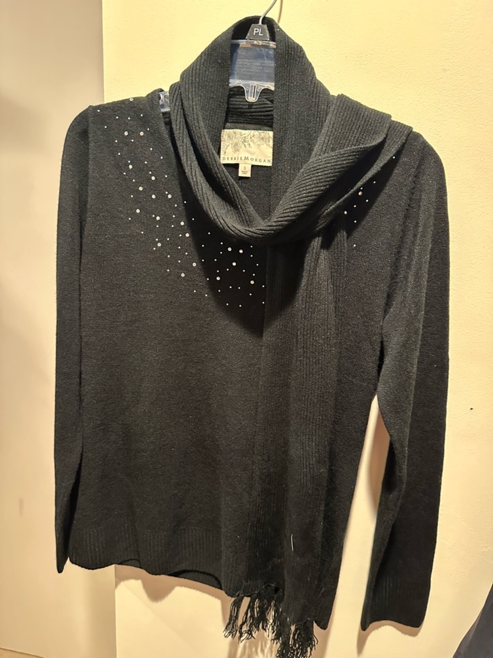 Debbie Morgan Black Cowl Neck Sweater with Attached Scarf and Stud Accents
